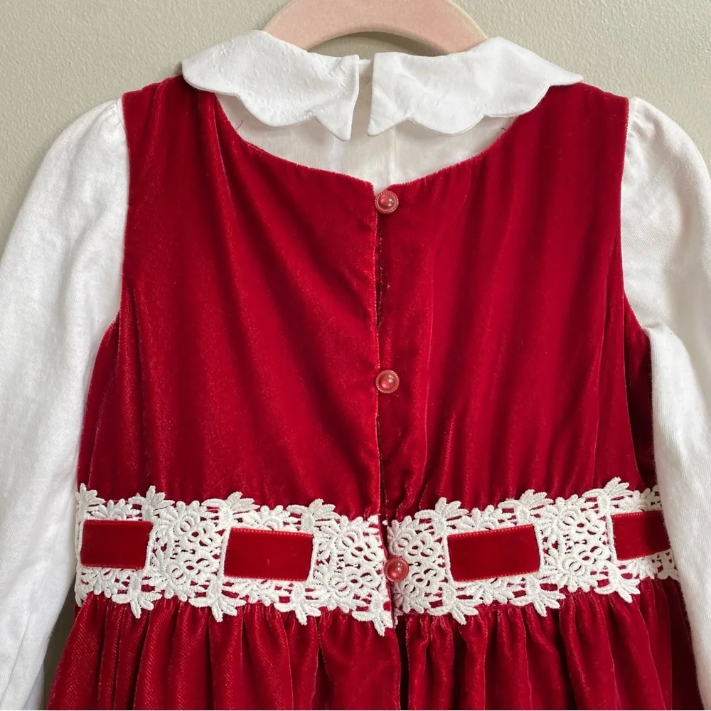 Janie And Jack Red Velvet Holiday Dress With Scallop Collar Top Size 3